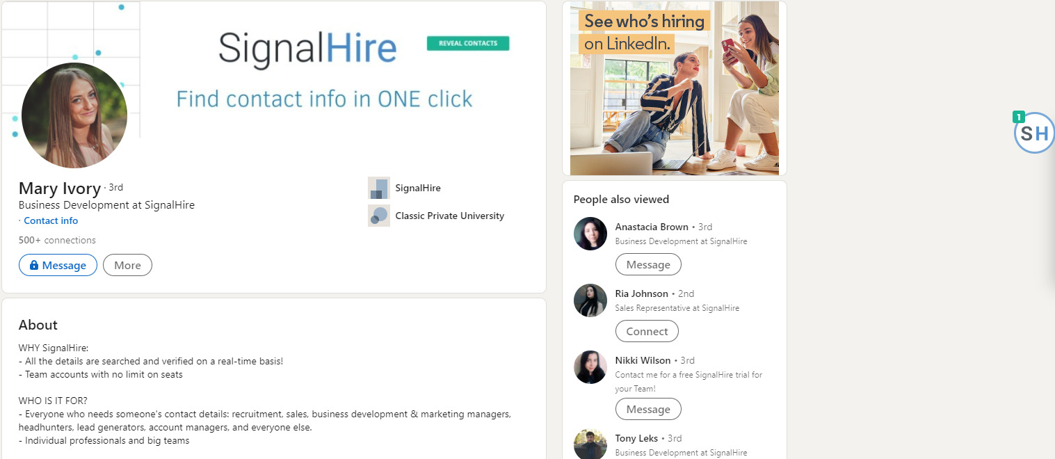 search contacts via LinkedIn with SignalHire