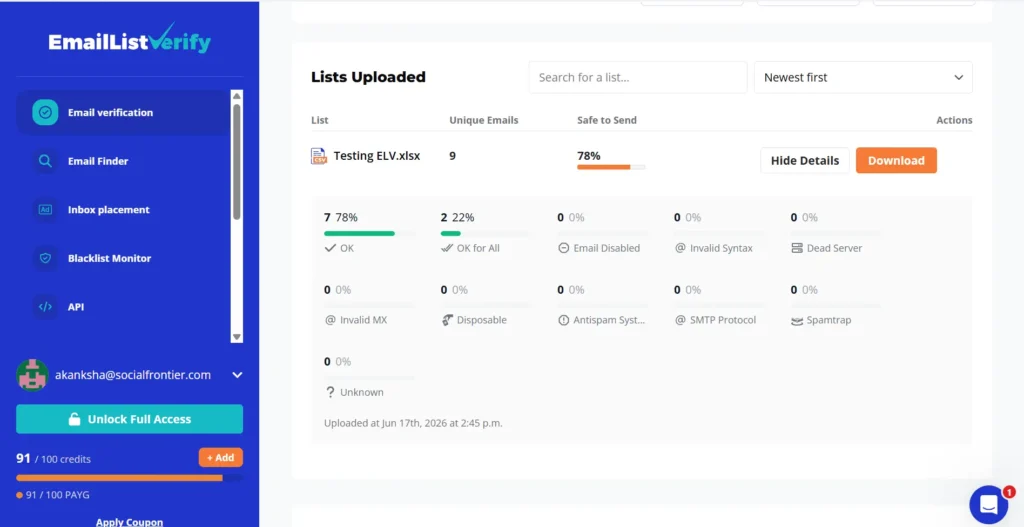 EmailListVerify Dashboard EmailListVerify uploaded list results showing safe to send percentage.